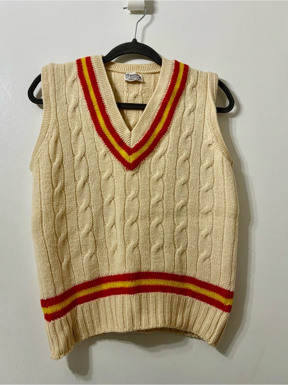 Cream Cable Knit Cricket Sweater Vest with Red & Yellow Trim